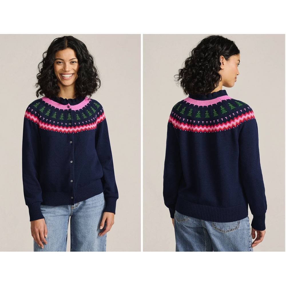 Lands' End Drifter Lurex Ruffle Neck Jacquard Navy Fair‎ Isle Cardigan Sweater